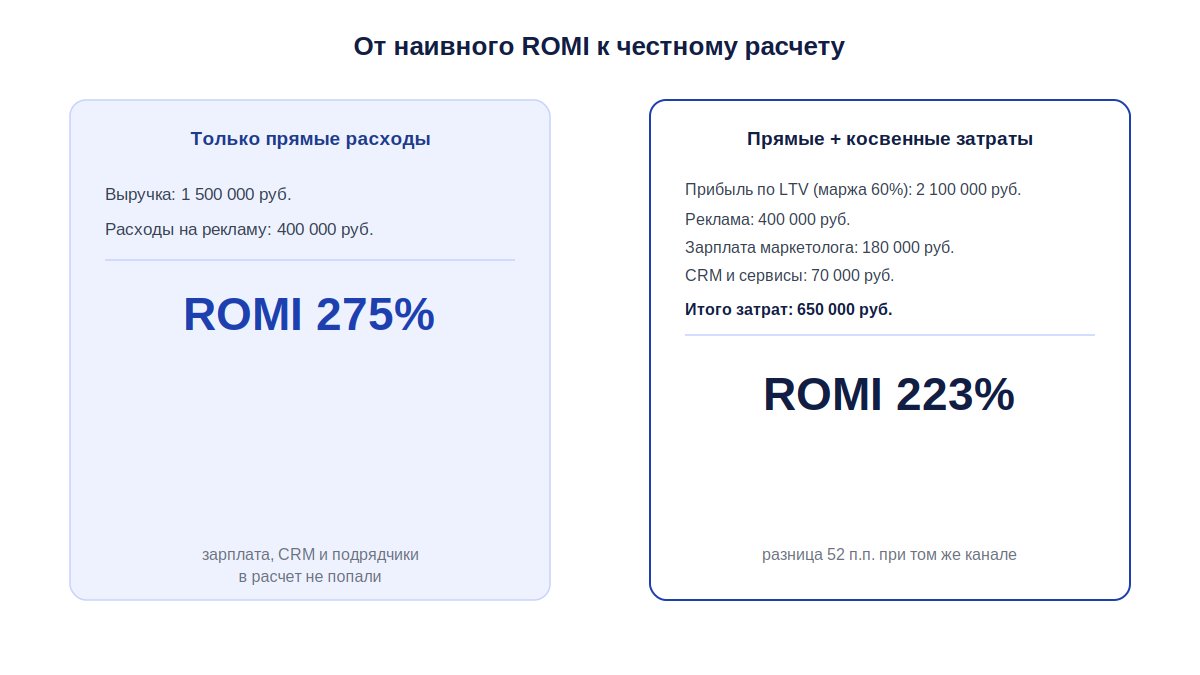 Пример расчета ROMI с учетом косвенных затрат: от наивной оценки 275% к честным 223%