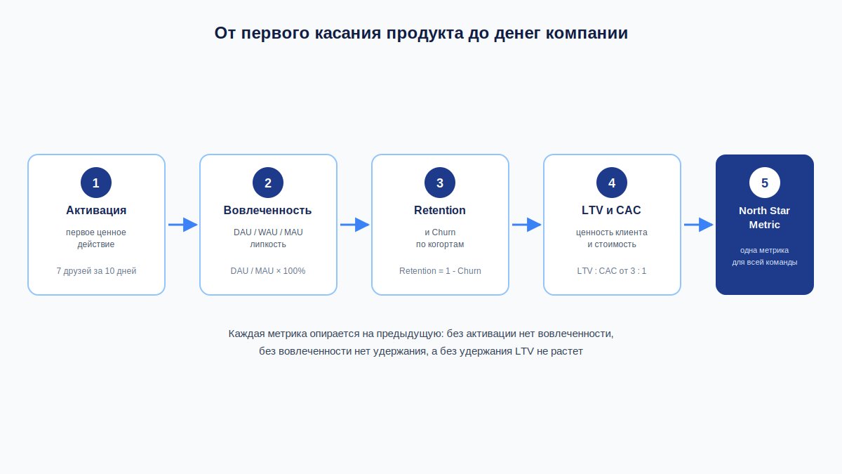 Цепочка продуктовых метрик от активации до retention, LTV и North Star Metric